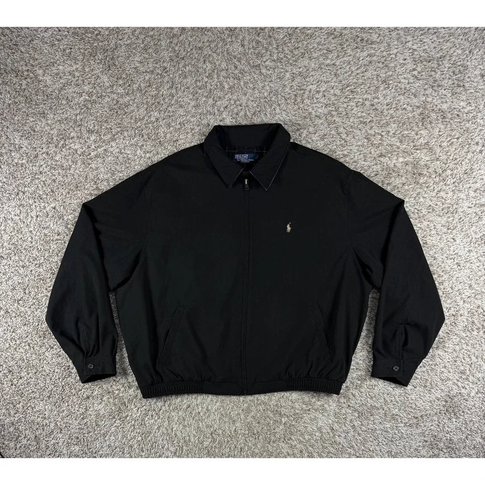 Vintage Polo Ralph Lauren Black Harrington Jacket XXL Plaid Lined Full Zip Pony